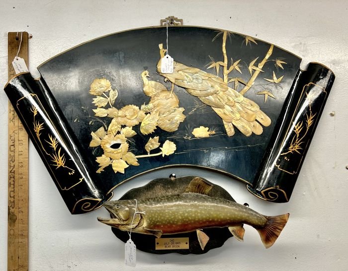 Oriental mother of pearl wall hanging & Mounted trout