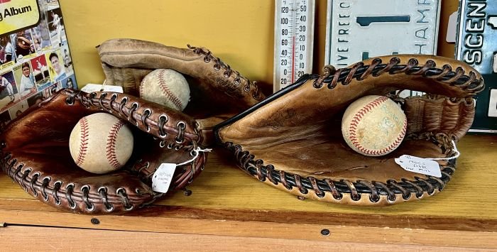 1950s D&R mitt, 1940s Trapper 1st baseman's mitt, 1950s left hand mitt